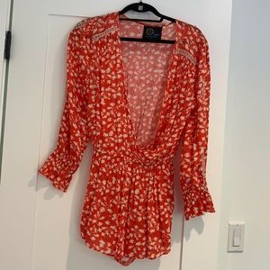 Coral Floral Print Lace Deep V-Neck Romper